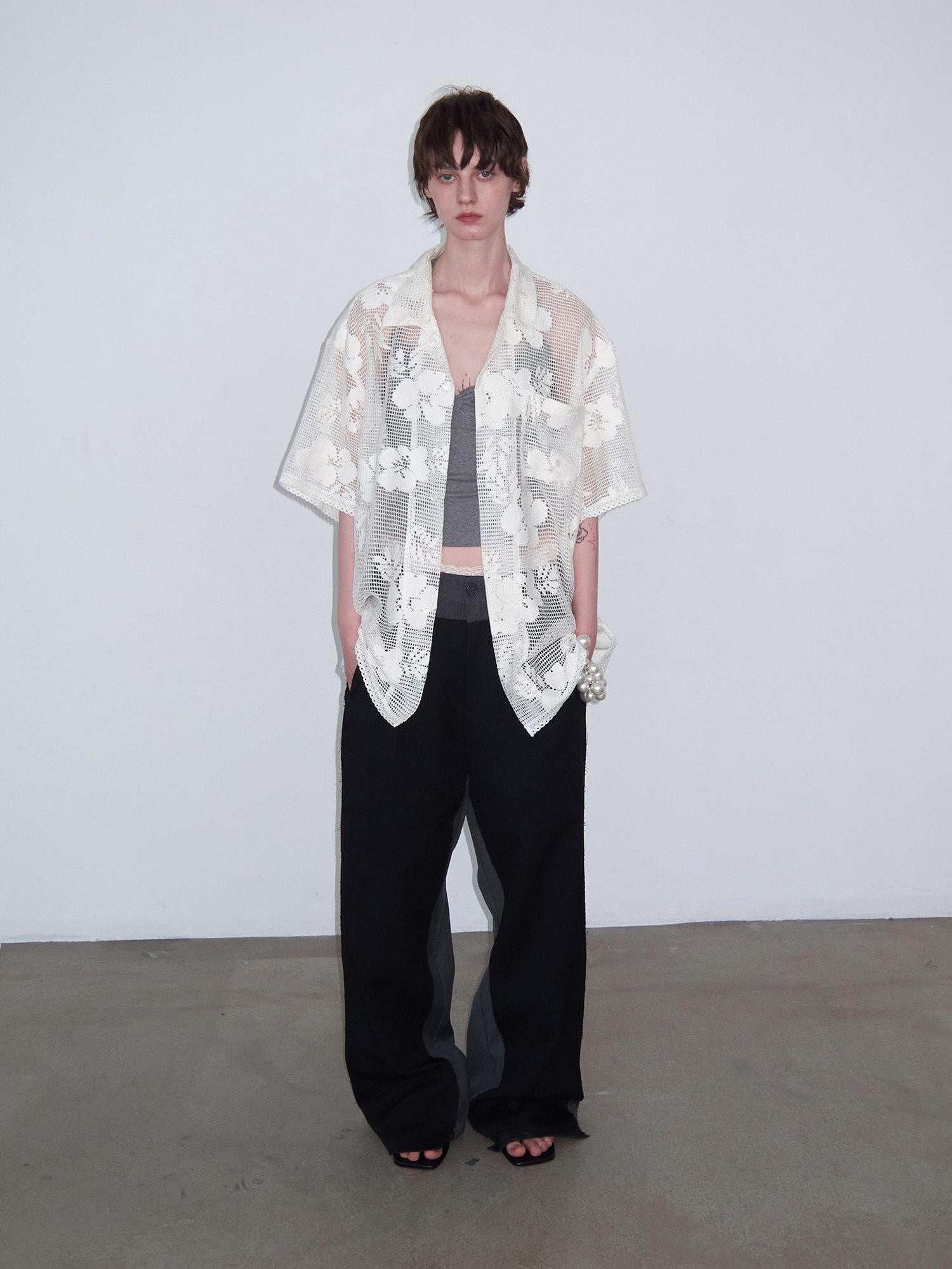 Delivery White Crochet Cutout Floral Embroidered Cuban Collar Women&