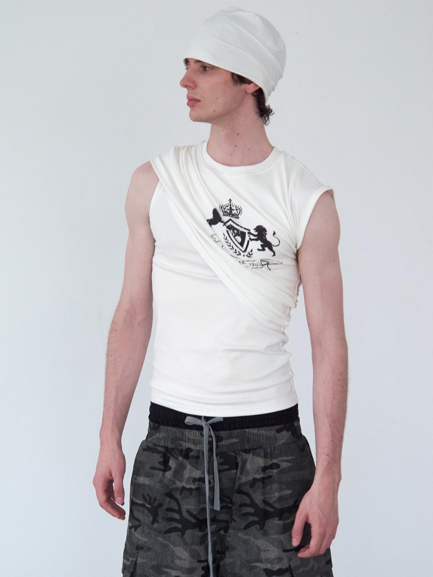 Delivery White Deconstructed Layered Pleated Printed Slim H Line Women&