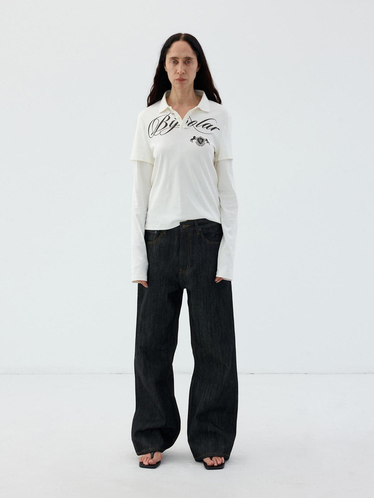 Delivery White Faux Two Piece English Print Polo Neck Women&
