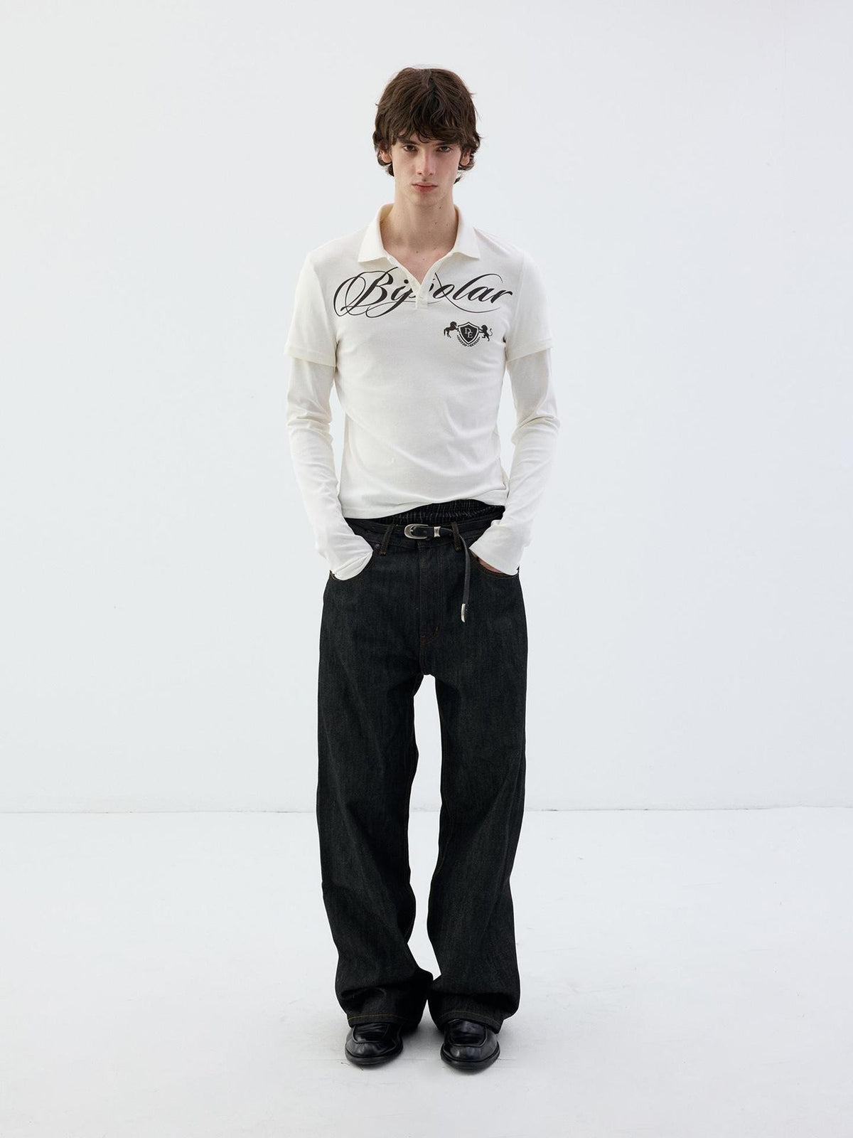 Delivery White Faux Two Piece English Print Polo Neck Women&