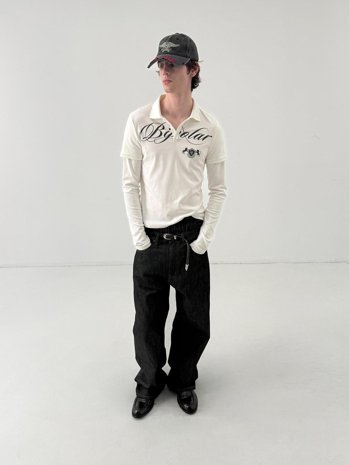 Delivery White Faux Two Piece English Print Polo Neck Women&