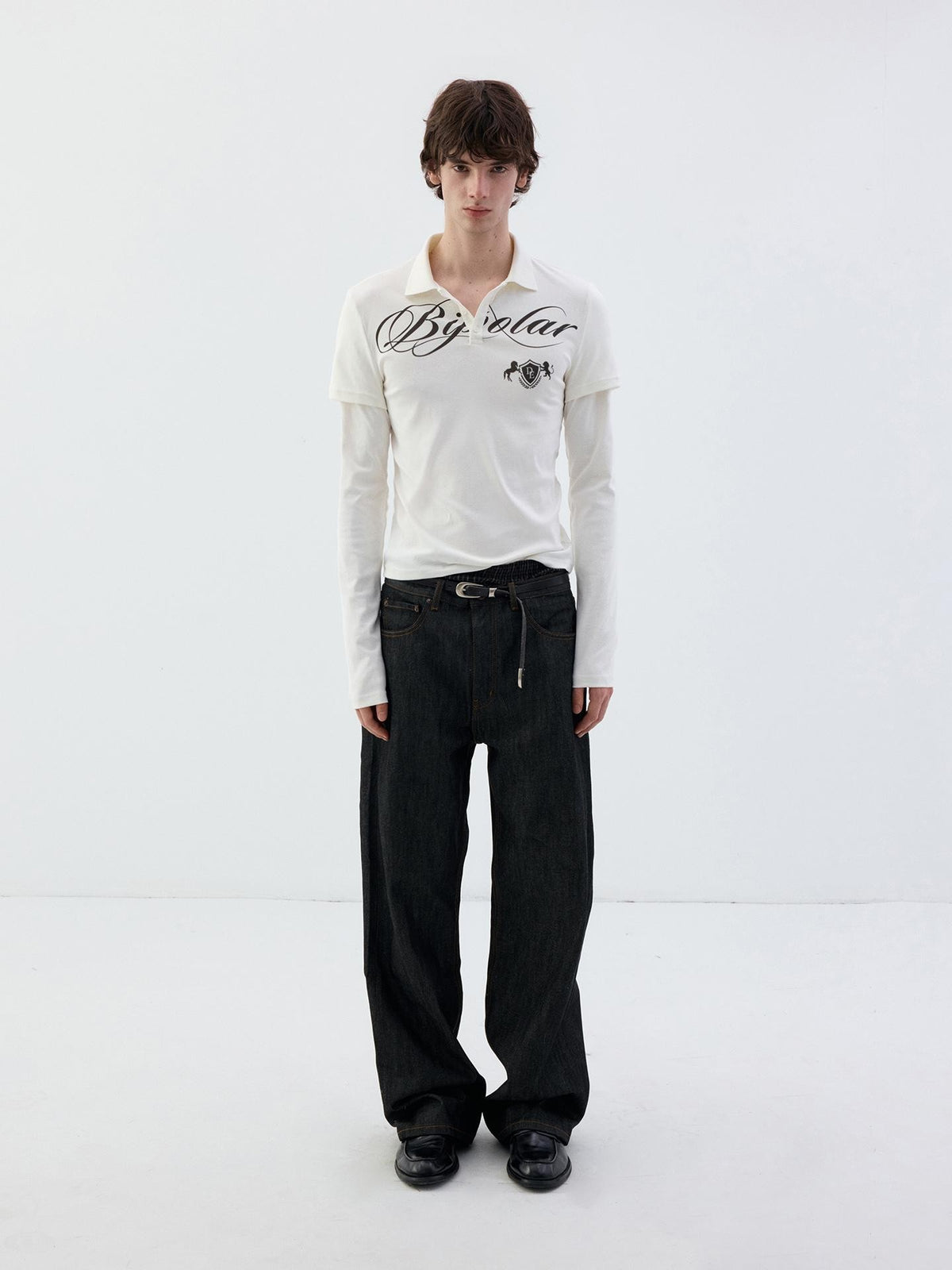 Delivery White Faux Two Piece English Print Polo Neck Women&