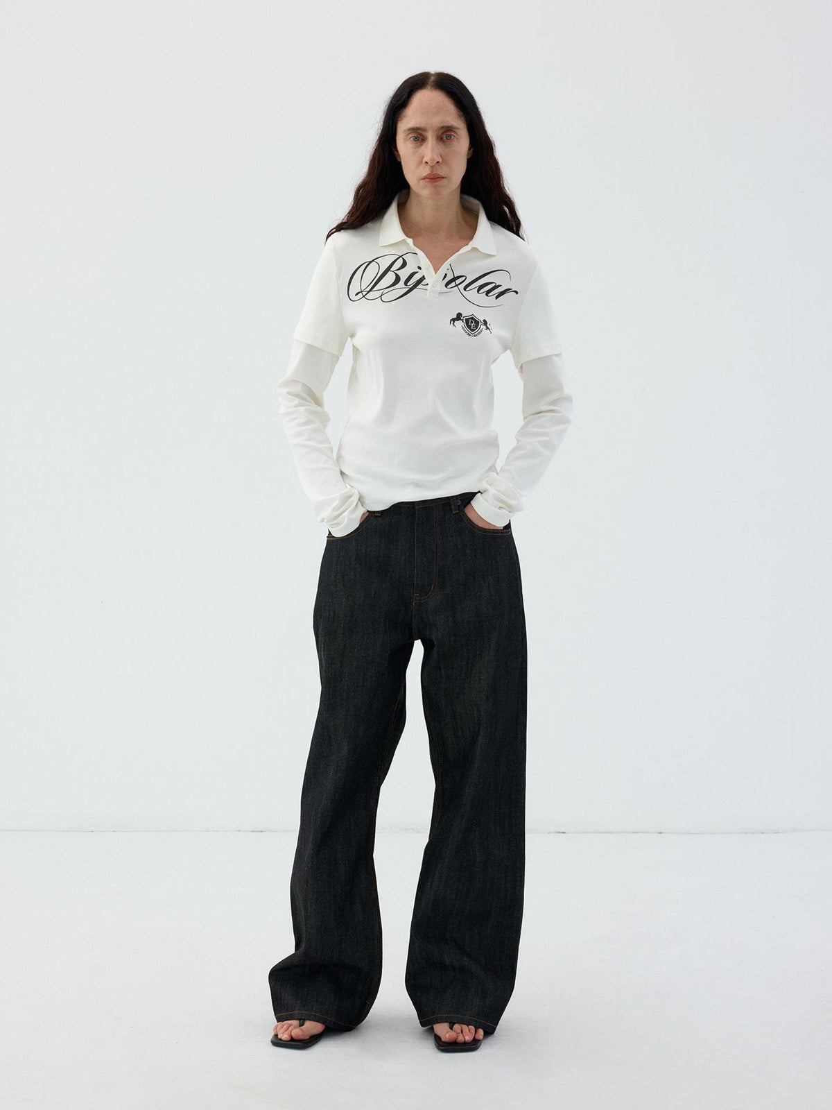 Delivery White Faux Two Piece English Print Polo Neck Women&