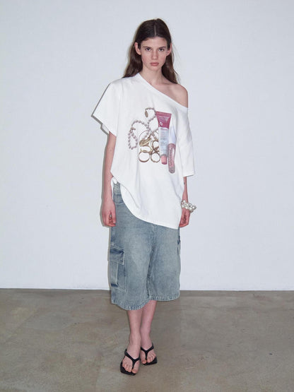 Delivery White Printed Slanted Shoulder Women&