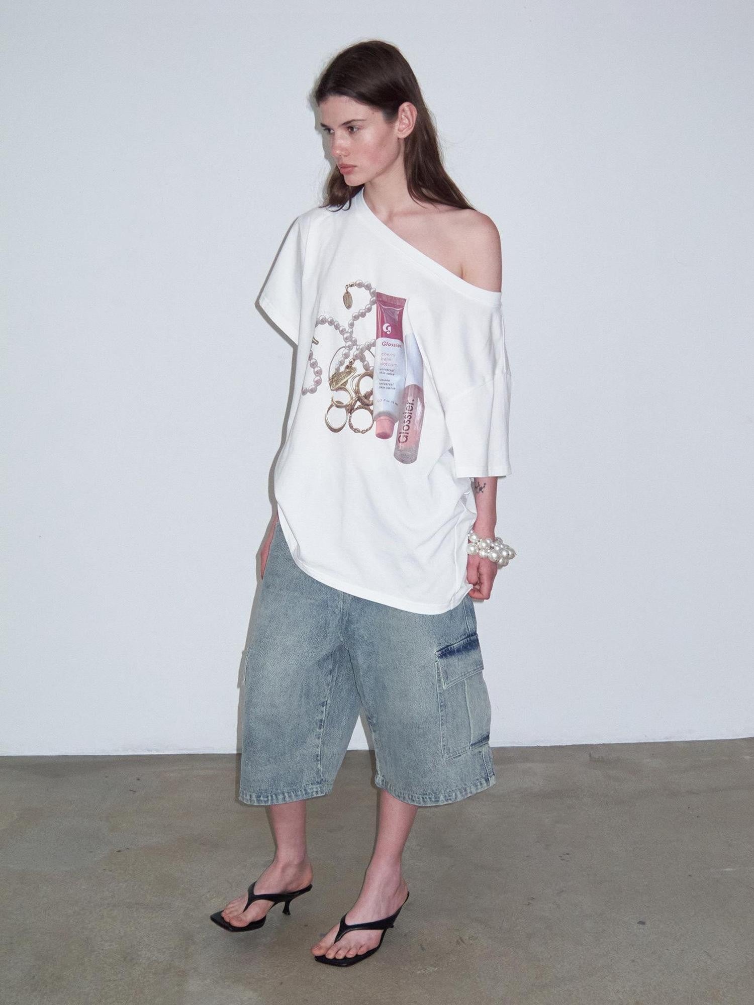 Delivery White Printed Slanted Shoulder Women&