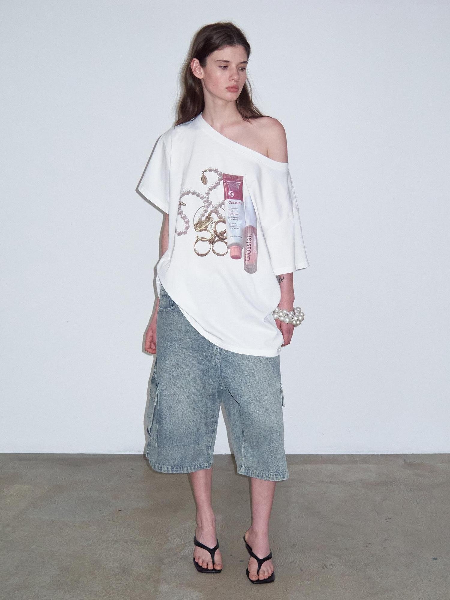Delivery White Printed Slanted Shoulder Women&