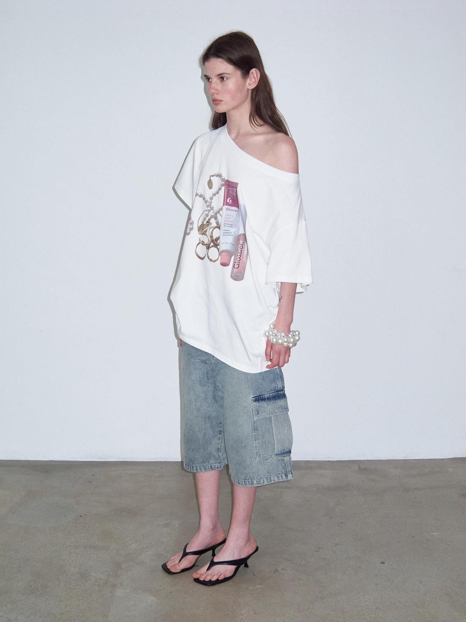Delivery White Printed Slanted Shoulder Women&