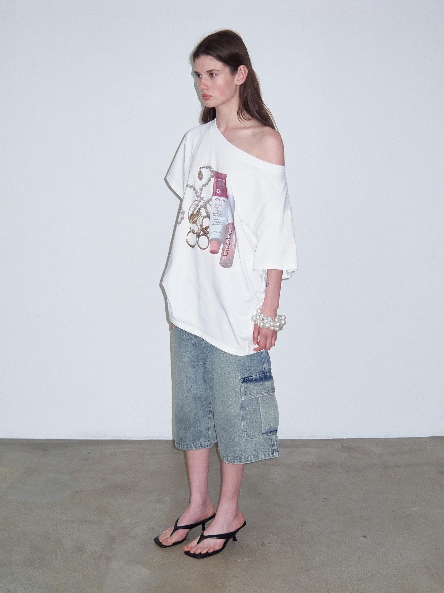 Delivery White Printed Slanted Shoulder Women&