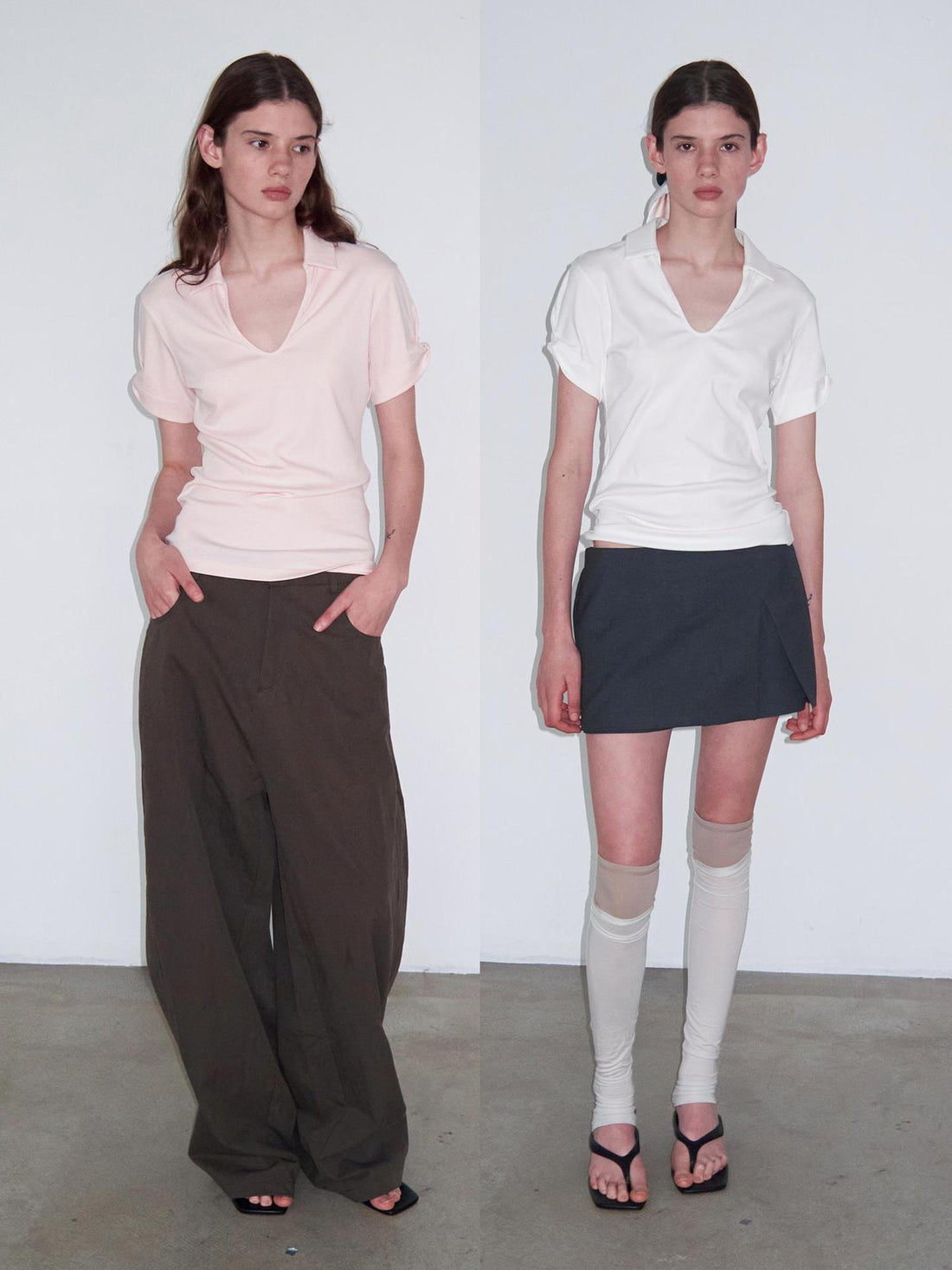 Delivery Women Knit Polo T-shirt With Small Collar White Pink