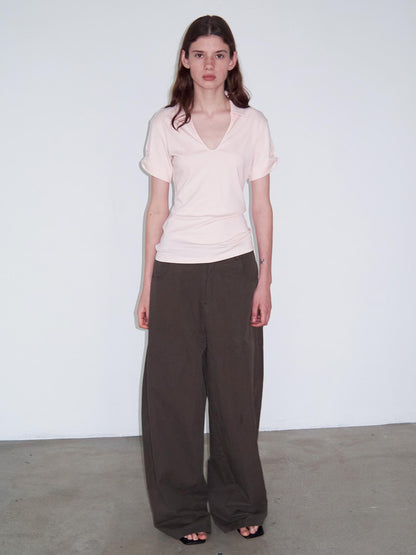 Delivery Women Knit Polo T-shirt With Small Collar White Pink