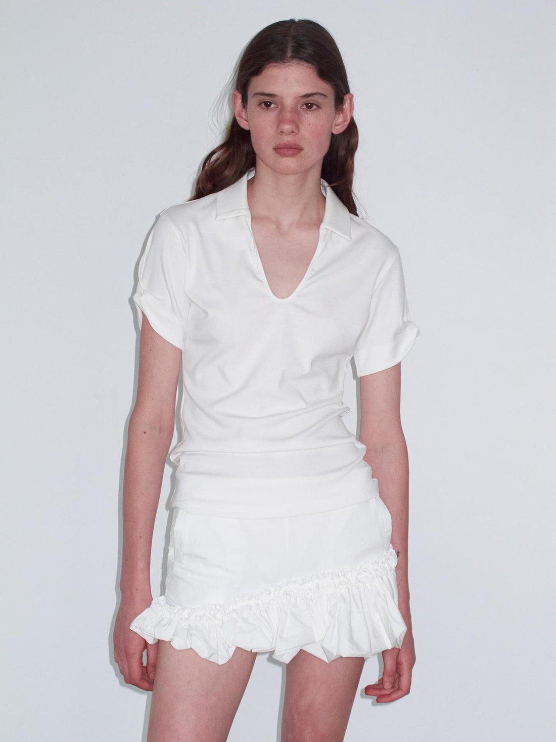 Delivery Women Knit Polo T-shirt With Small Collar White Pink