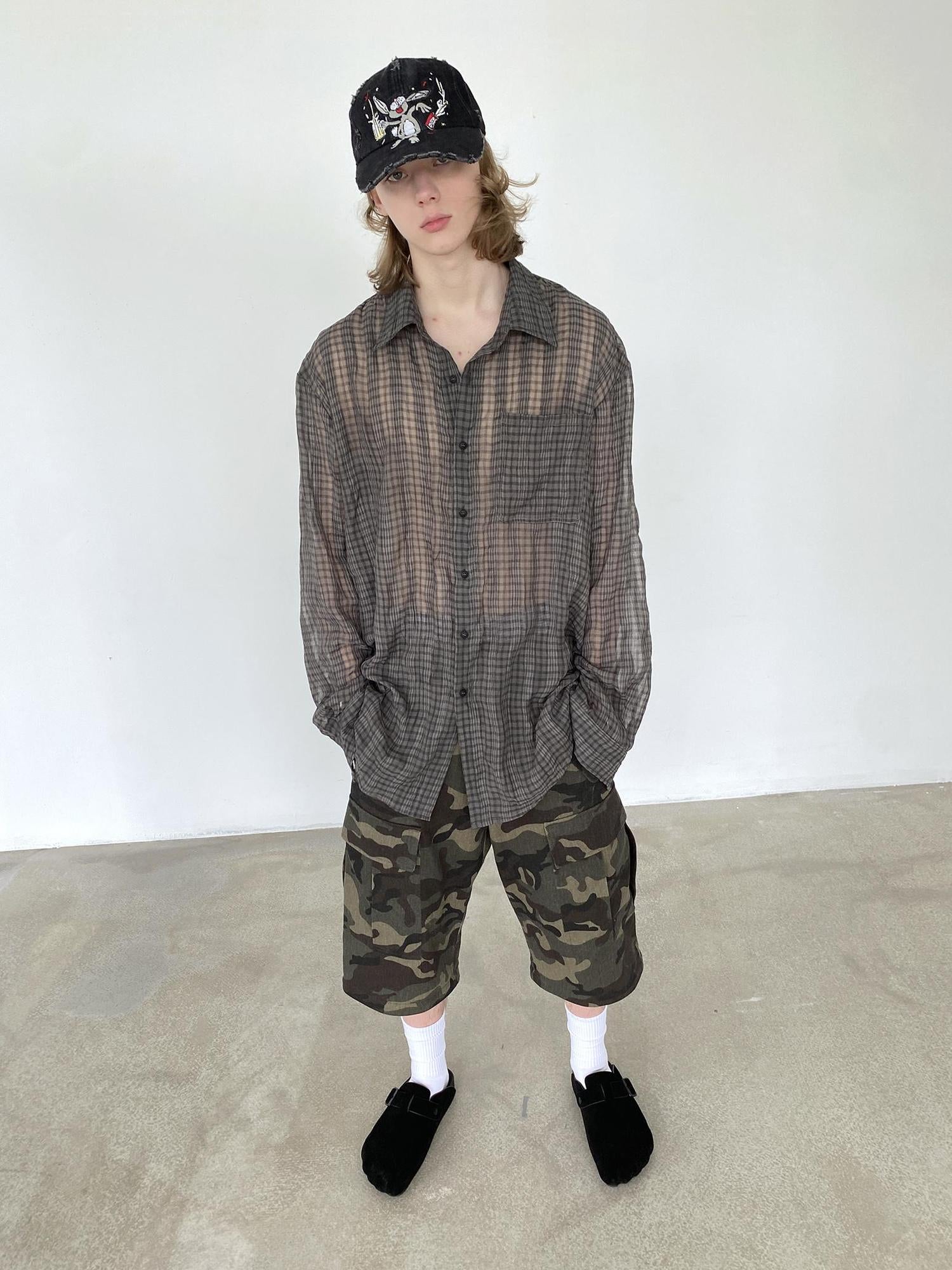 Delivery Wrinkled Gray Checkered Lightweight Sun Protection Shirt