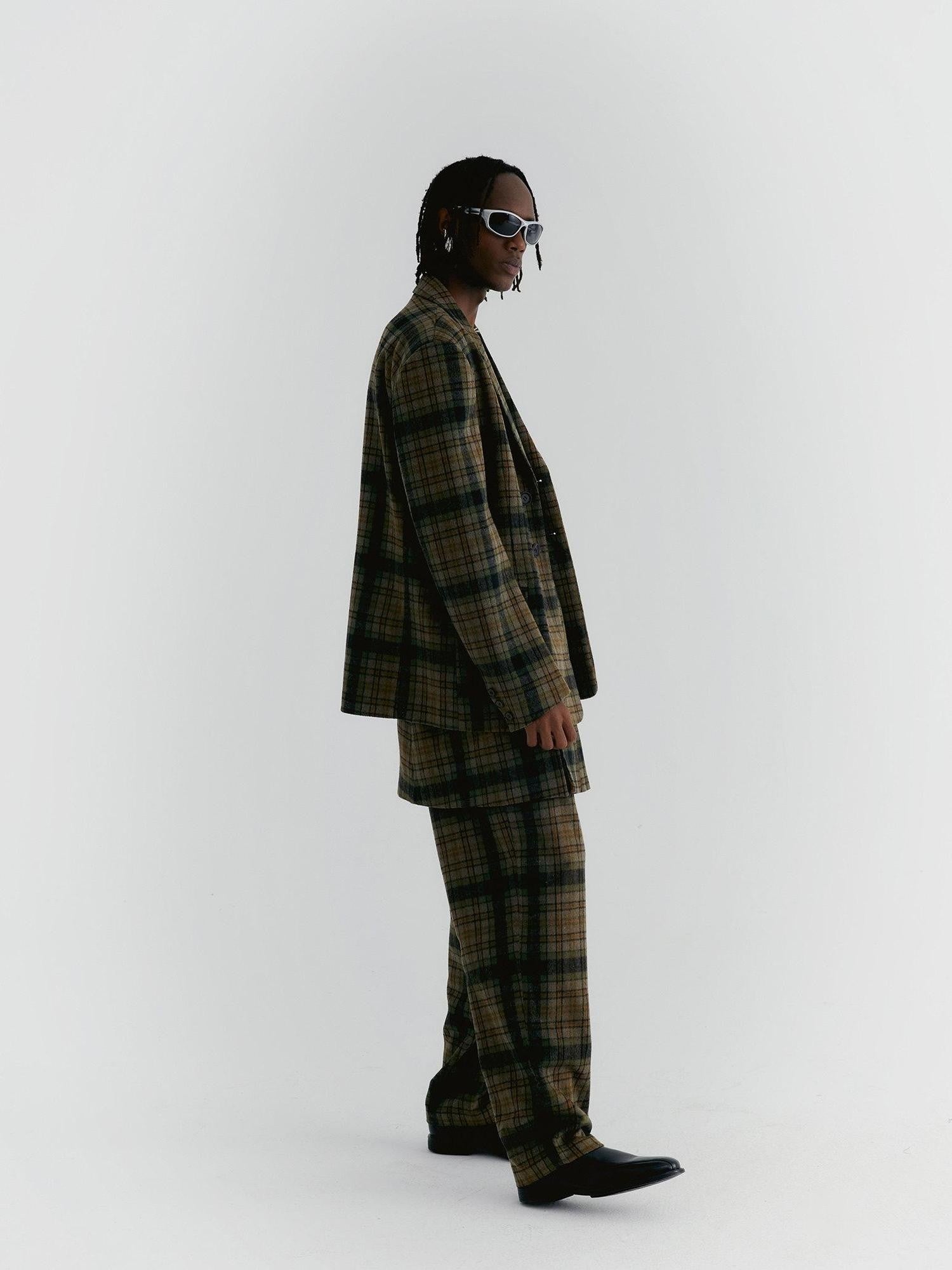 Delivery Yellow Green Vintage Plaid Notched Lapel Two Button Women&