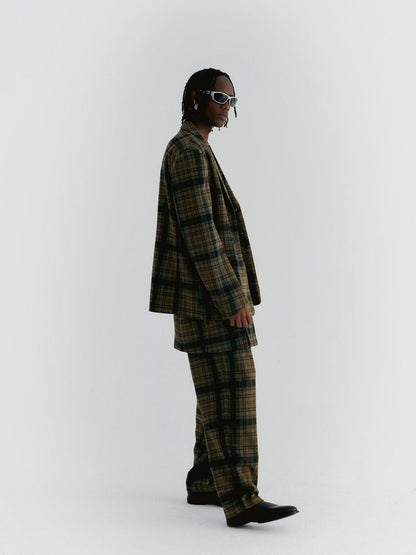Delivery Yellow Green Vintage Plaid Notched Lapel Two Button Women&