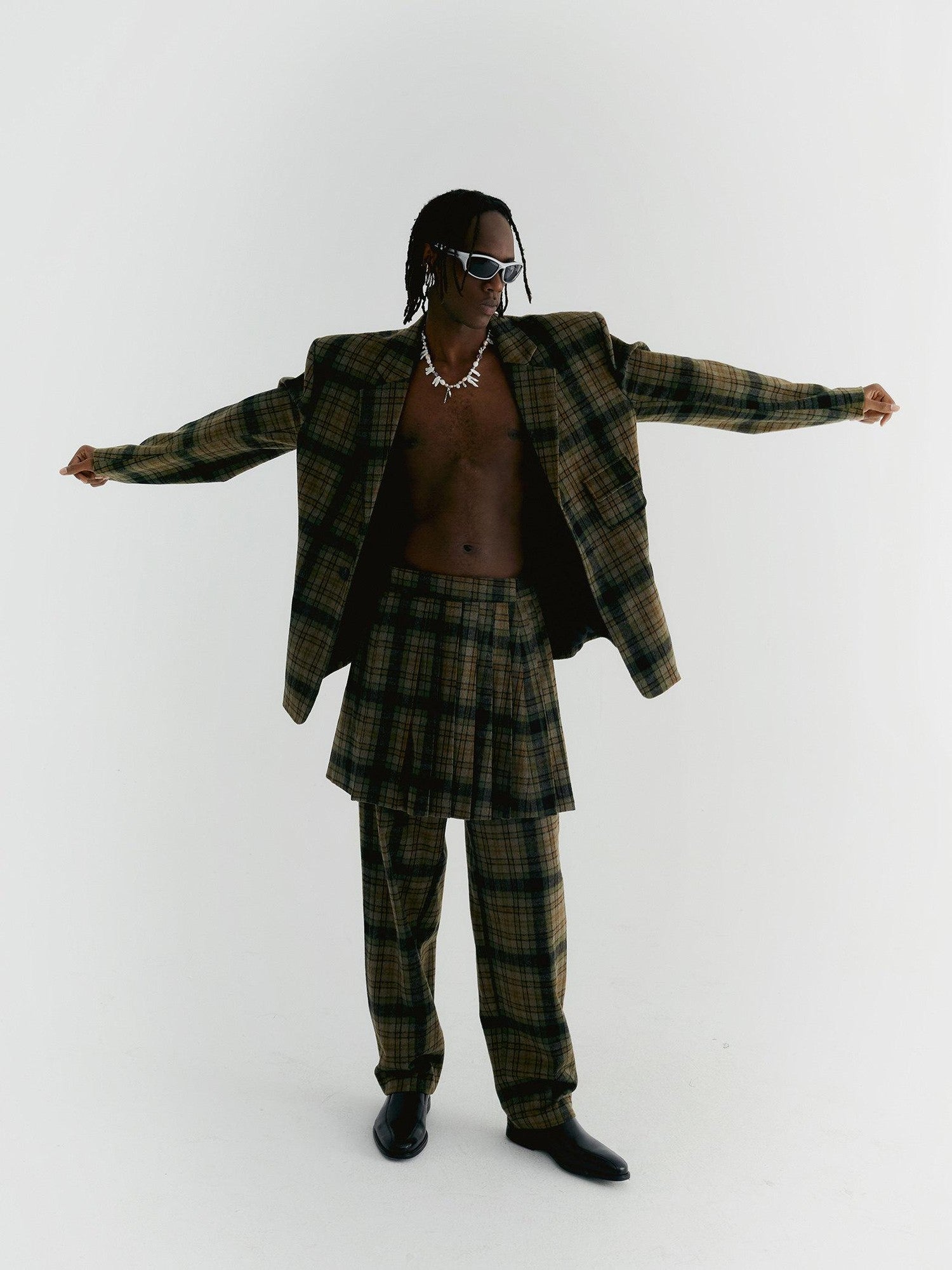 Delivery Yellow Green Vintage Plaid Notched Lapel Two Button Women&