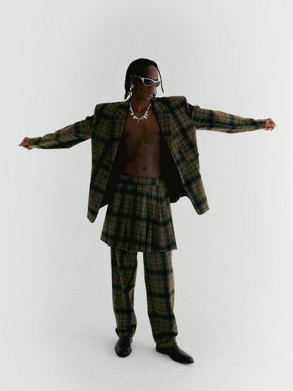 Delivery Yellow Green Vintage Plaid Notched Lapel Two Button Women&