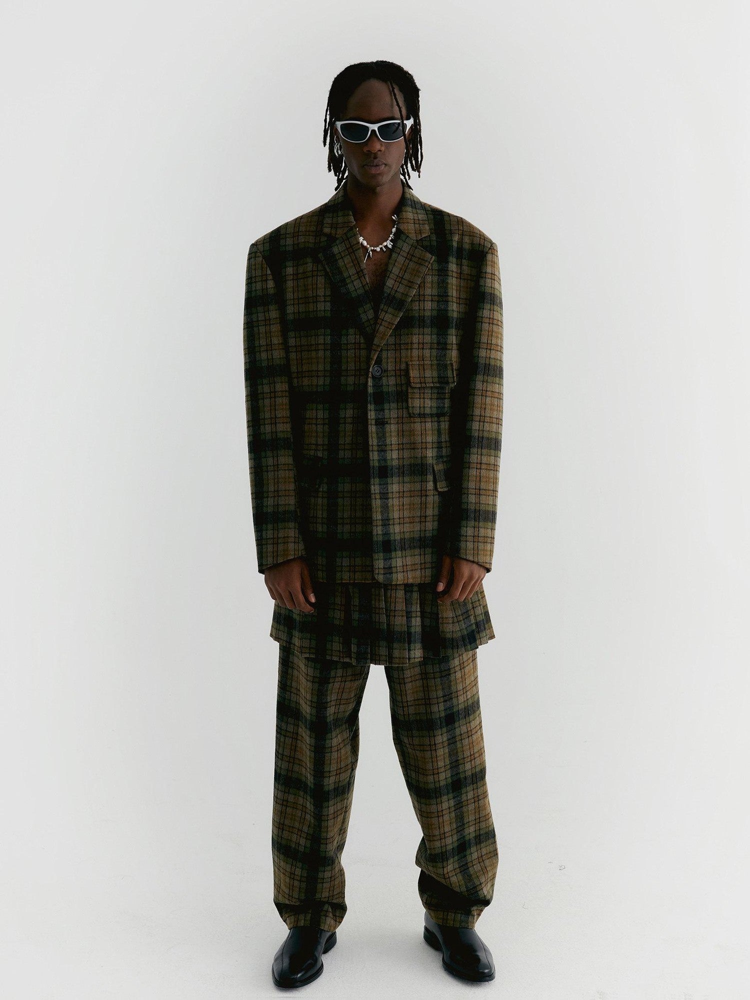 Delivery Yellow Green Vintage Plaid Notched Lapel Two Button Women&