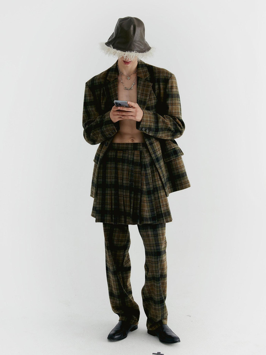 Delivery Yellow Green Vintage Plaid Notched Lapel Two Button Women&