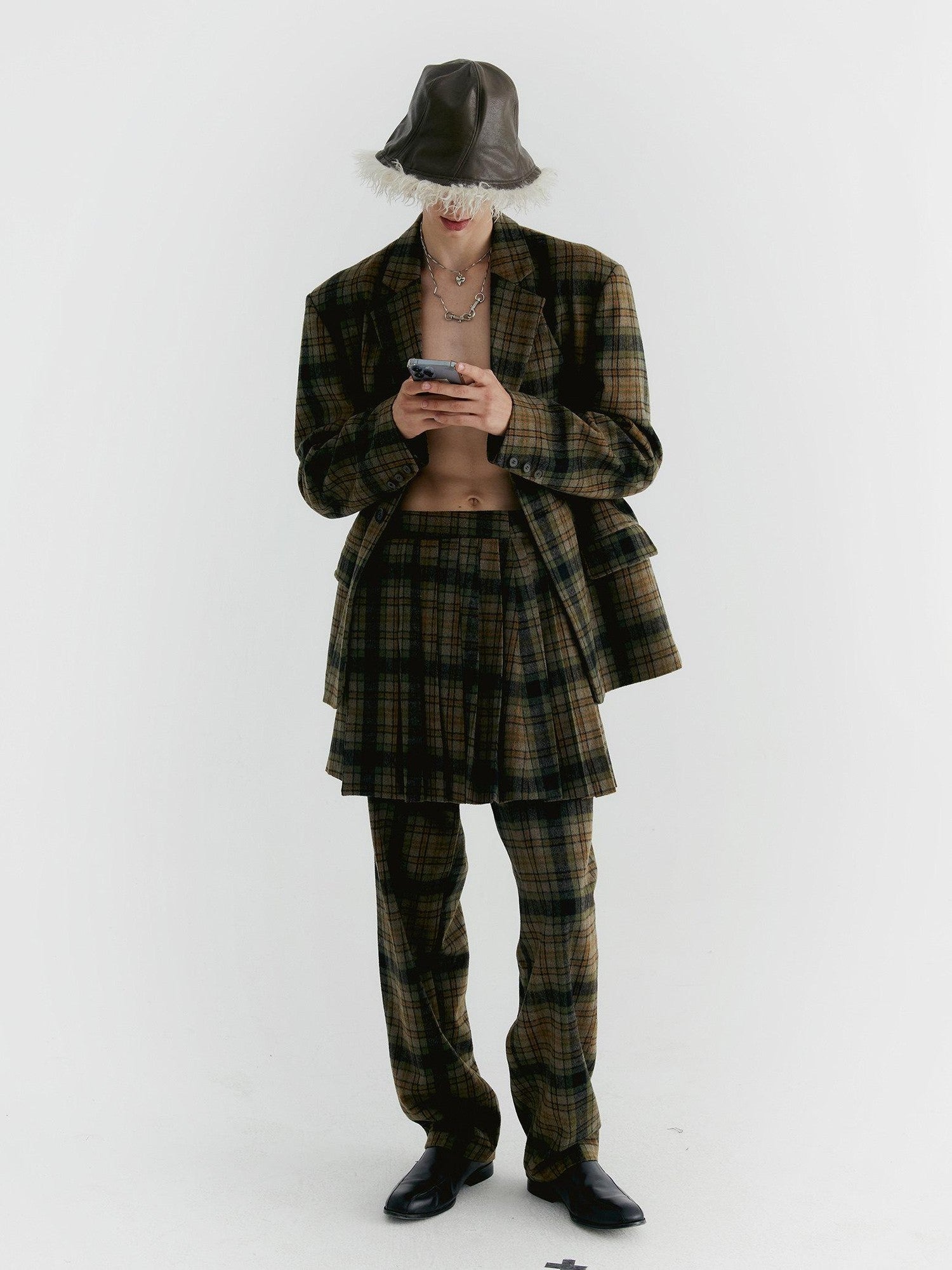 Delivery Yellow Green Vintage Plaid Notched Lapel Two Button Women&
