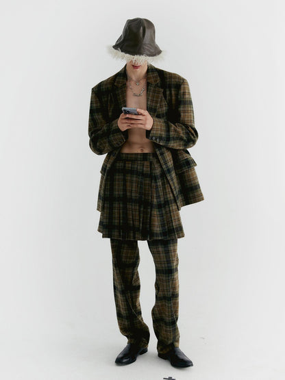 Delivery Yellow Green Vintage Plaid Notched Lapel Two Button Women&