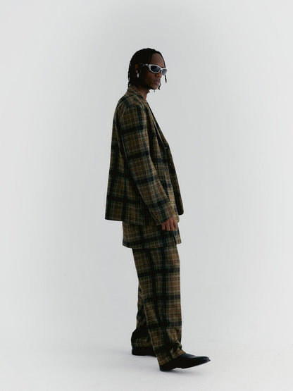 Delivery Yellow Green Vintage Plaid Notched Lapel Two Button Women&