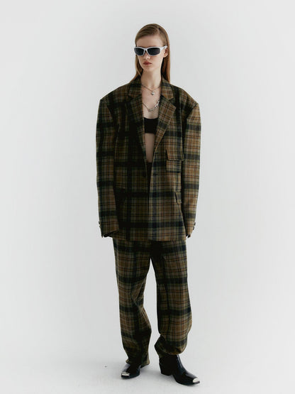 Delivery Yellow Green Vintage Plaid Notched Lapel Two Button Women&