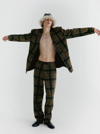 Delivery Yellow Green Vintage Plaid Notched Lapel Two Button Women&