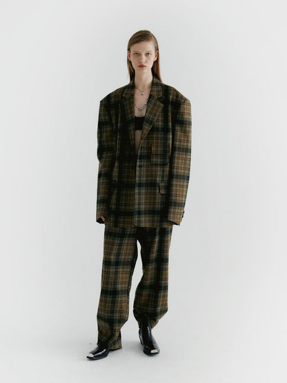 Delivery Yellow Green Vintage Plaid Notched Lapel Two Button Women&