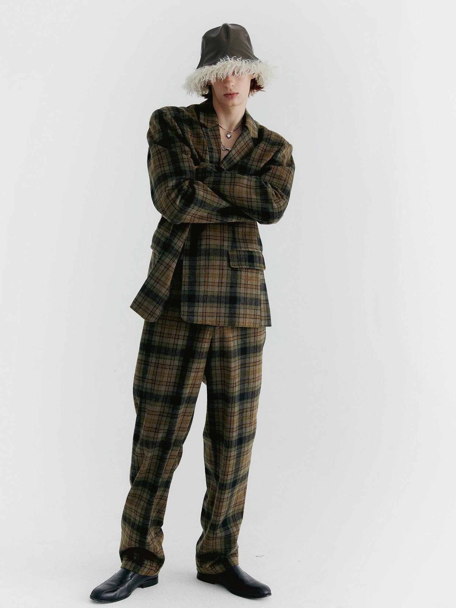 Delivery Yellow Green Vintage Plaid Notched Lapel Two Button Women&