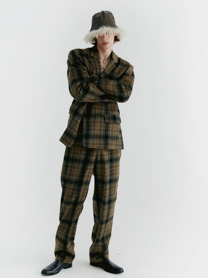 Delivery Yellow Green Vintage Plaid Notched Lapel Two Button Women&