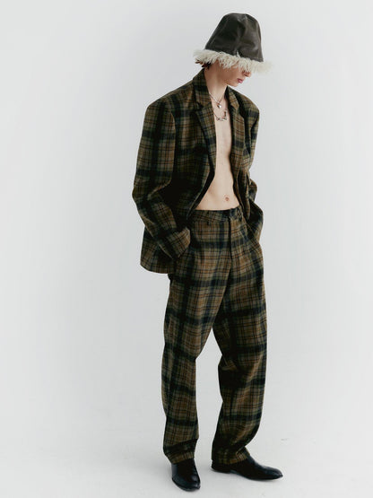 Delivery Yellow Green Vintage Plaid Notched Lapel Two Button Women&