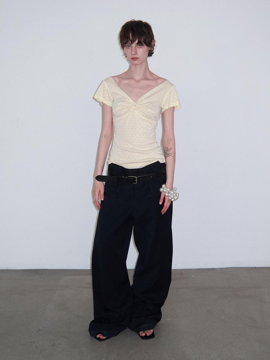 Delivery Yellow Polka Dot V-neck Twist Knot Cap Sleeve Slim Women&