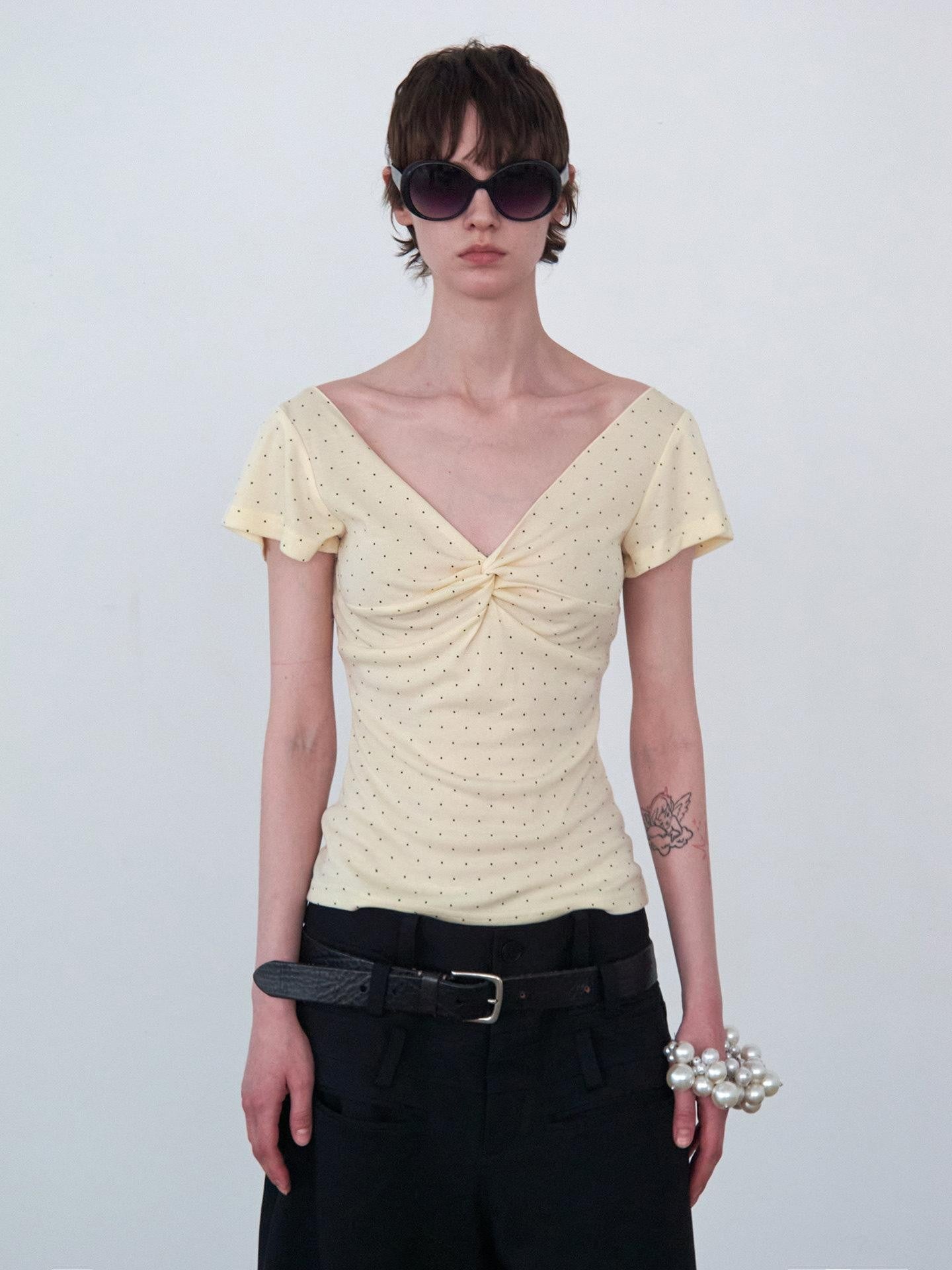 Delivery Yellow Polka Dot V-neck Twist Knot Cap Sleeve Slim Women&