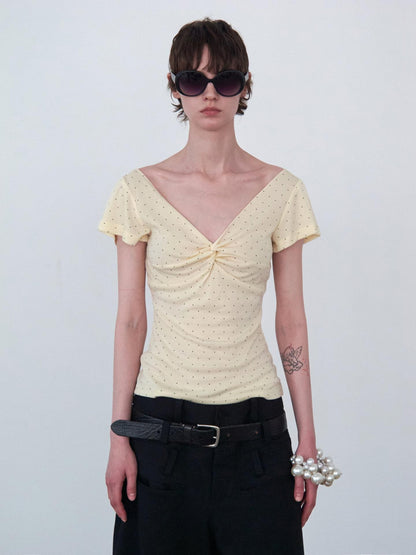 Delivery Yellow Polka Dot V-neck Twist Knot Cap Sleeve Slim Women&