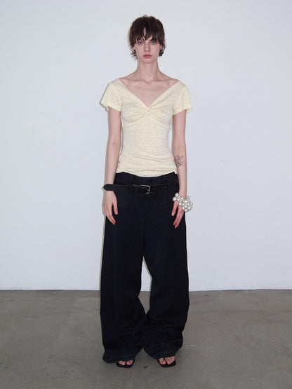 Delivery Yellow Polka Dot V-neck Twist Knot Cap Sleeve Slim Women&