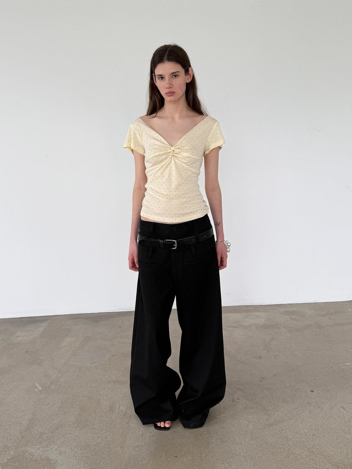 Delivery Yellow Polka Dot V-neck Twist Knot Cap Sleeve Slim Women&