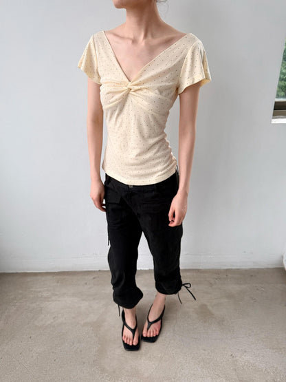 Delivery Yellow Polka Dot V-neck Twist Knot Cap Sleeve Slim Women&