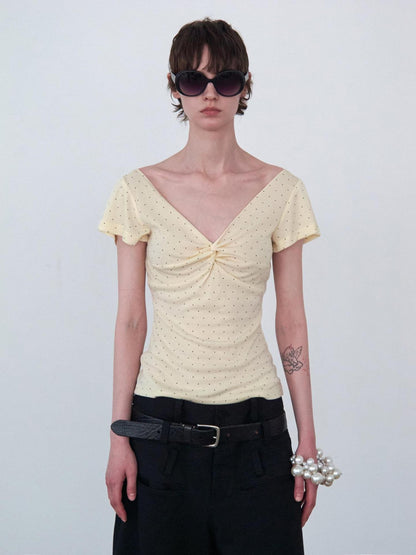 Delivery Yellow Polka Dot V-neck Twist Knot Cap Sleeve Slim Women&