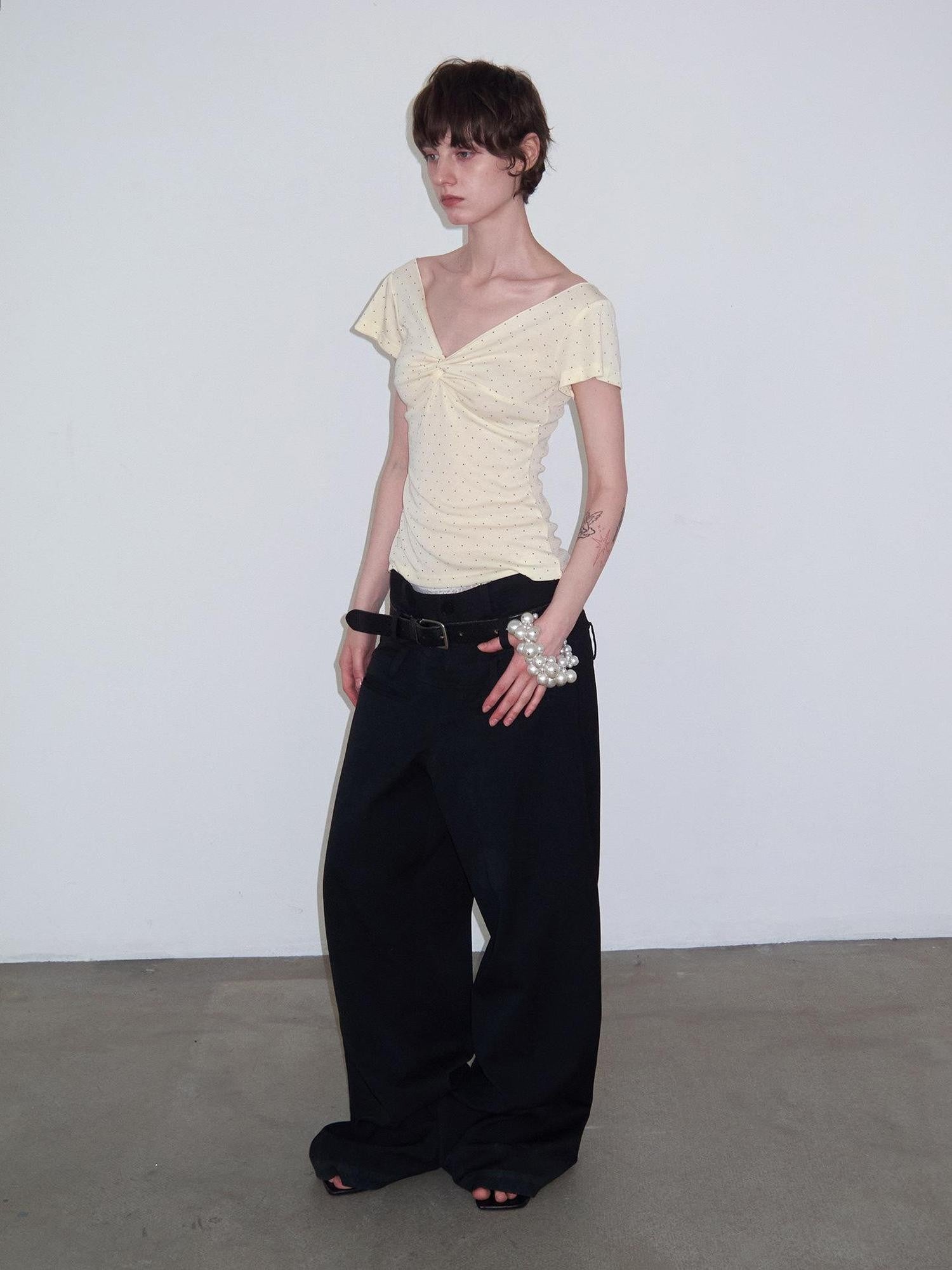 Delivery Yellow Polka Dot V-neck Twist Knot Cap Sleeve Slim Women&
