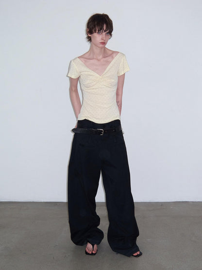 Delivery Yellow Polka Dot V-neck Twist Knot Cap Sleeve Slim Women&