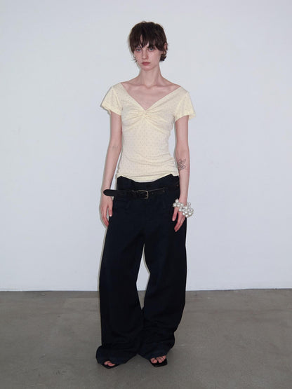 Delivery Yellow Polka Dot V-neck Twist Knot Cap Sleeve Slim Women&