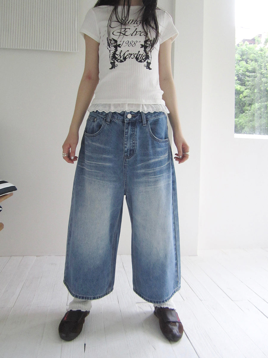 ang project Retro Washed Vintage Wide Leg Cropped Jeans