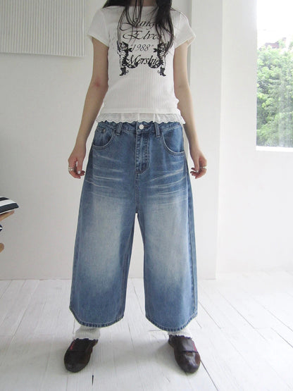 Retro Washed Vintage Wide Leg Cropped Jeans