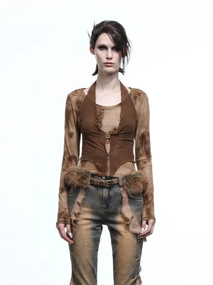 Hooded Layered Mesh Detachable Fringe T-shirt