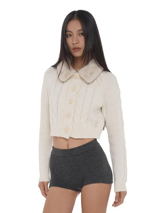 Detachable Faux Fur Collar Cable Knit Cardigan