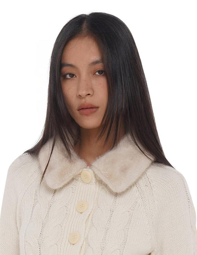 Detachable Faux Fur Collar Cable Knit Cardigan