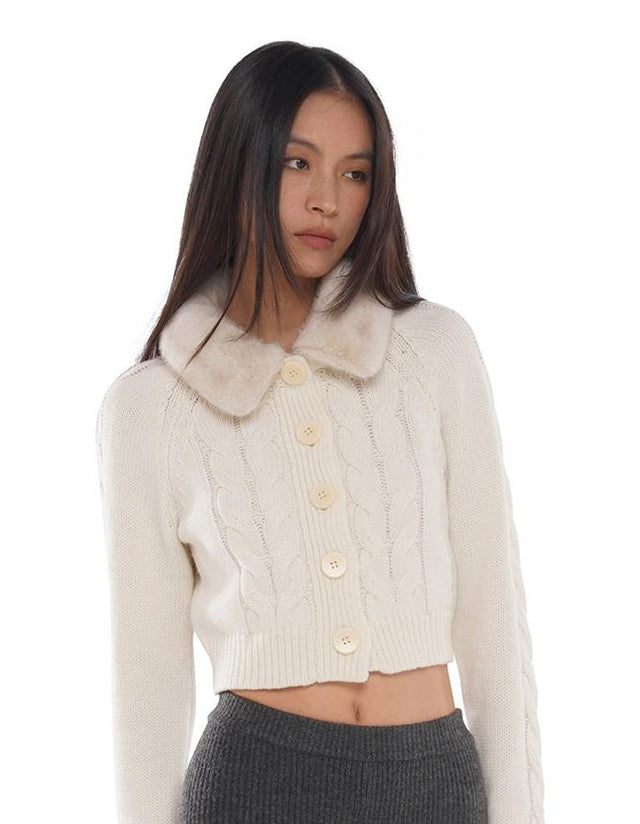 Detachable Faux Fur Collar Cable Knit Cardigan