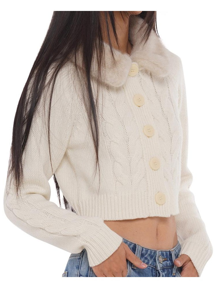 Detachable Faux Fur Collar Cable Knit Cardigan