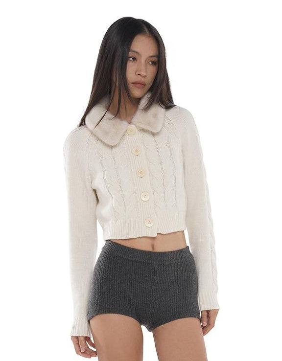 Detachable Faux Fur Collar Cable Knit Cardigan