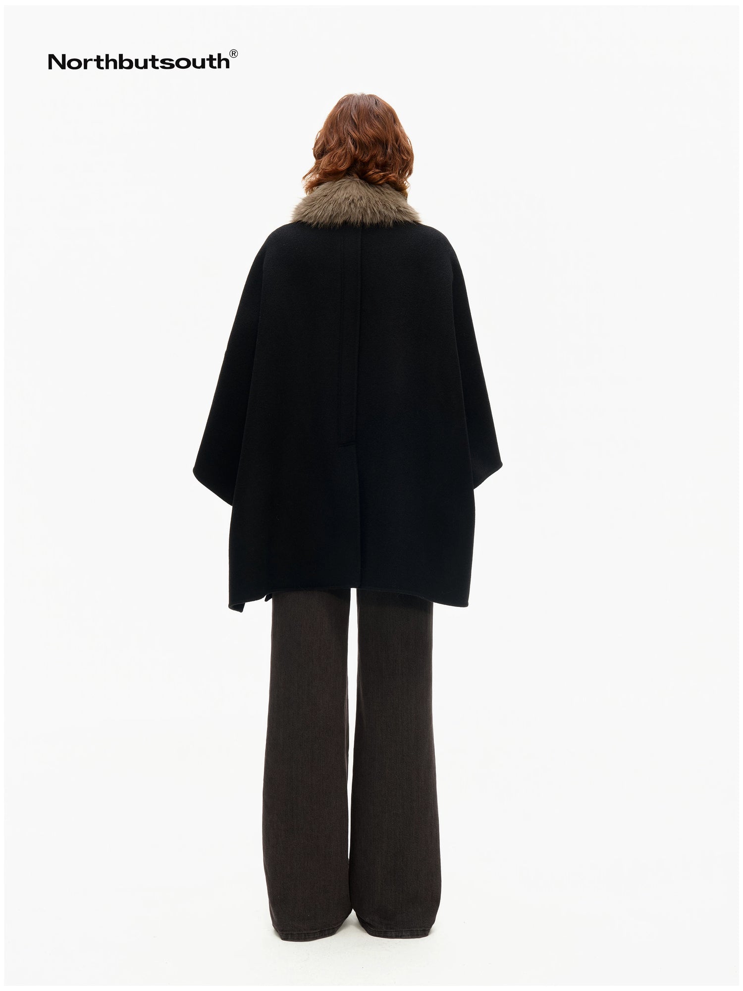 Detachable Fur Collar Cape Batwing Women&